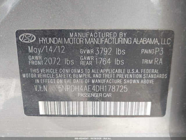 45248341 :رقم المزاد ، 5NPDH4AE4DH178725 vin ، 2013 Hyundai Elantra Gls مزاد بيع