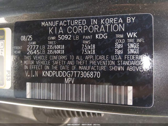 Продажа на аукционе авто 2026 Kia Sportage Hybrid S, vin: KNDPUDDG7T7306870, номер лота: 45248347