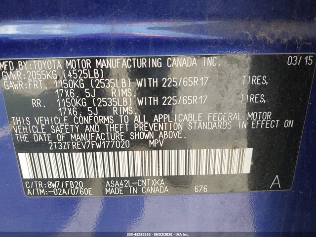 2015 Toyota Rav4 Le მანქანა იყიდება აუქციონზე, vin: 2T3ZFREV7FW177020, აუქციონის ნომერი: 45248358