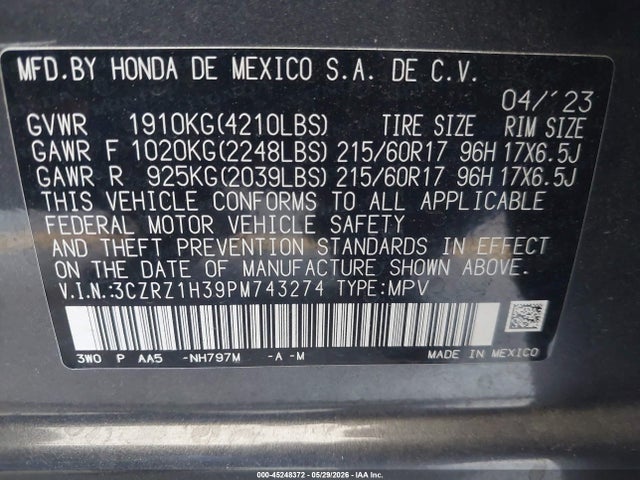 3CZRZ1H39PM743274 Honda Hr-v 2wd Lx