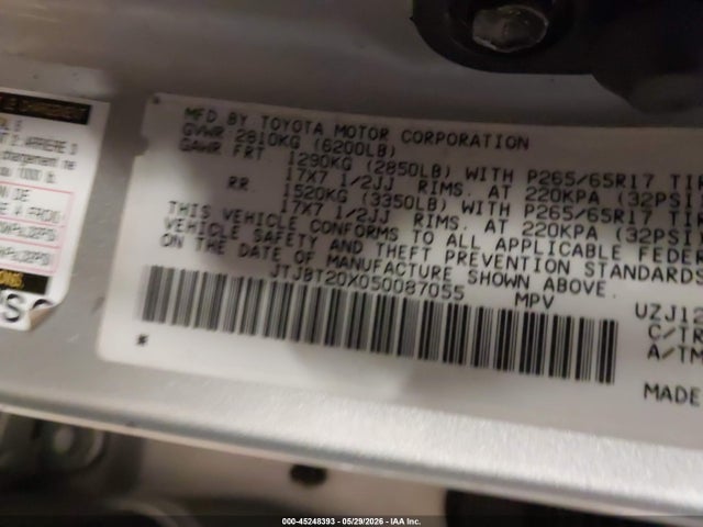 Aukcja sprzedaży 2005 Lexus Gx 470, vin: JTJBT20X050087055, numer aukcji: 45248393