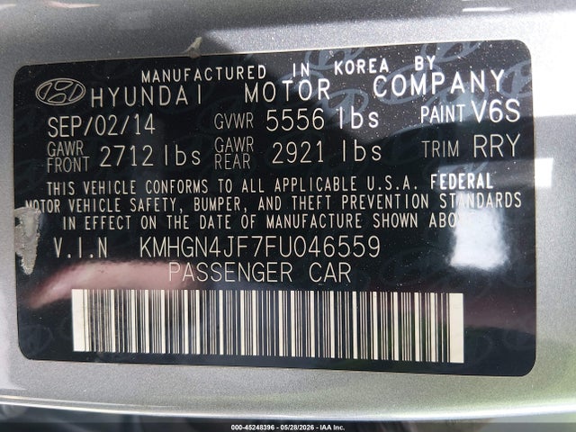 2015 Hyundai Genesis 5.0 მანქანა იყიდება აუქციონზე, vin: KMHGN4JF7FU046559, აუქციონის ნომერი: 45248396