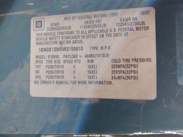 Aukcja sprzedaży 1998 Chevrolet Blazer Ls Cmi, vin: 1GNCS13W5W2150610, numer aukcji: 45248402