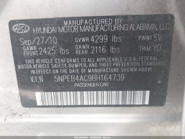 Продаж на аукціоні авто 2011 Hyundai Sonata Gls, vin: 5NPEB4AC9BH164739, номер лоту: 45248407