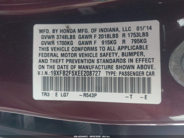 45248423 :رقم المزاد ، 19XFB2F5XEE208727 vin ، 2014 Honda Civic Lx مزاد بيع