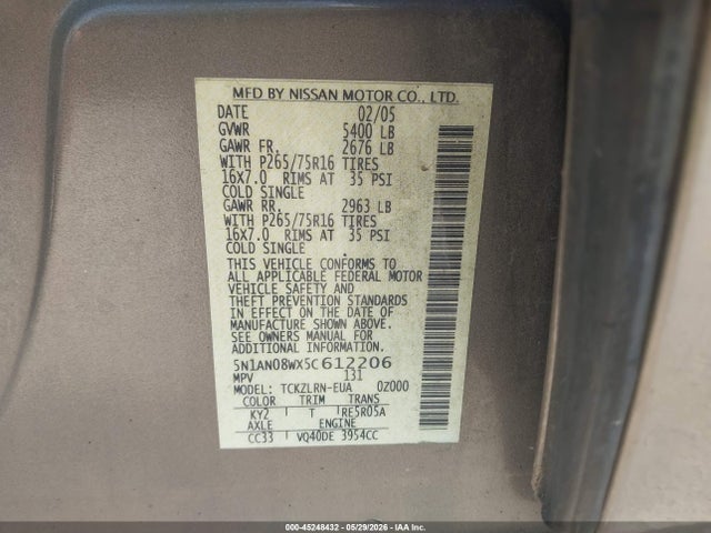 2005 Nissan Xterra Off Road მანქანა იყიდება აუქციონზე, vin: 5N1AN08WX5C612206, აუქციონის ნომერი: 45248432