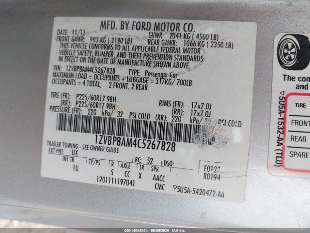 45248434 :رقم المزاد ، 1ZVBP8AM4C5267828 vin ، 2012 Ford Mustang V6 مزاد بيع