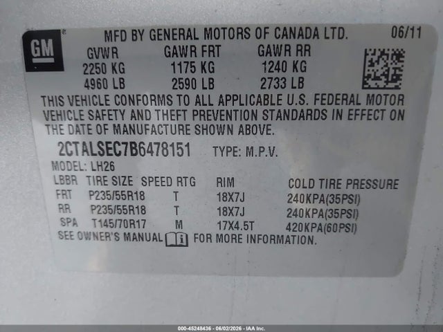 45248436 :رقم المزاد ، 2CTALSEC7B6478151 vin ، 2011 Gmc Terrain Sle-2 مزاد بيع