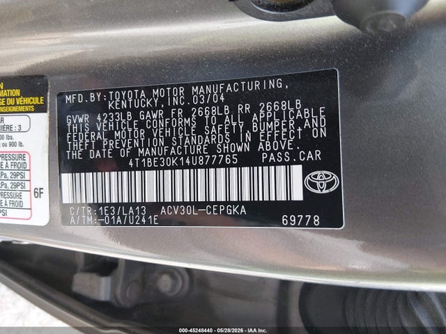 Продажа на аукционе авто 2004 Toyota Camry Xle, vin: 4T1BE30K14U877765, номер лота: 45248440