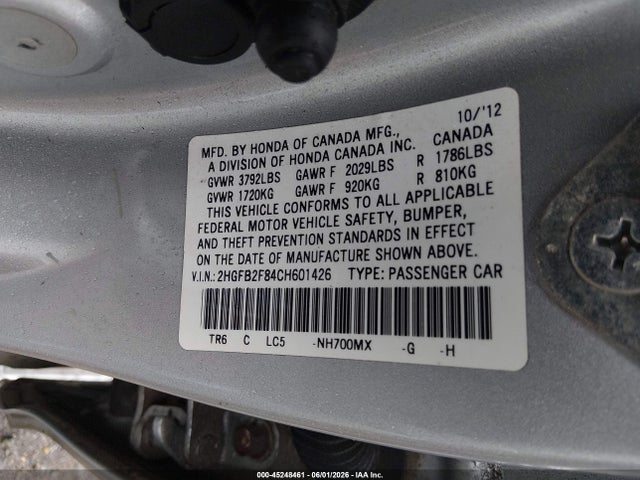 2012 Honda Civic Ex მანქანა იყიდება აუქციონზე, vin: 2HGFB2F84CH601426, აუქციონის ნომერი: 45248461
