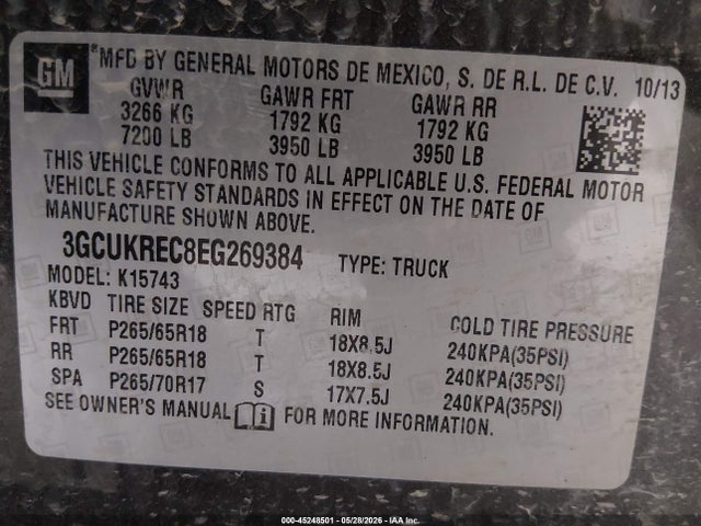 2014 Chevrolet Silverado 1500 2lt მანქანა იყიდება აუქციონზე, vin: 3GCUKREC8EG269384, აუქციონის ნომერი: 45248501