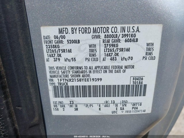 Продаж на аукціоні авто 2000 Ford F-250 Lariat/xl/xlt, vin: 1FTNX21S8YEE19399, номер лоту: 45248510