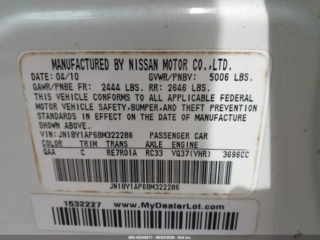 2011 Infiniti M37 მანქანა იყიდება აუქციონზე, vin: JN1BY1AP6BM322286, აუქციონის ნომერი: 45248517