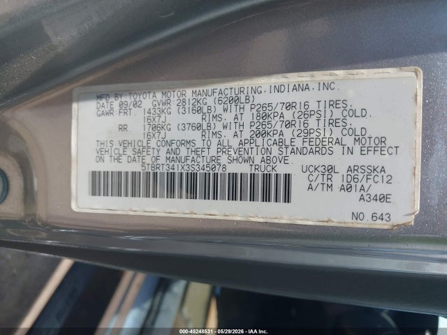 Продаж на аукціоні авто 2003 Toyota Tundra Sr5 V8, vin: 5TBRT341X3S345078, номер лоту: 45248531