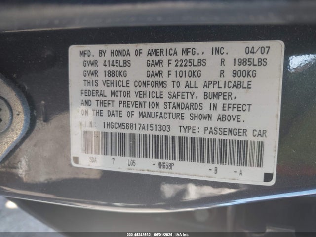 2007 Honda Accord 2.4 Ex მანქანა იყიდება აუქციონზე, vin: 1HGCM56817A151303, აუქციონის ნომერი: 45248532