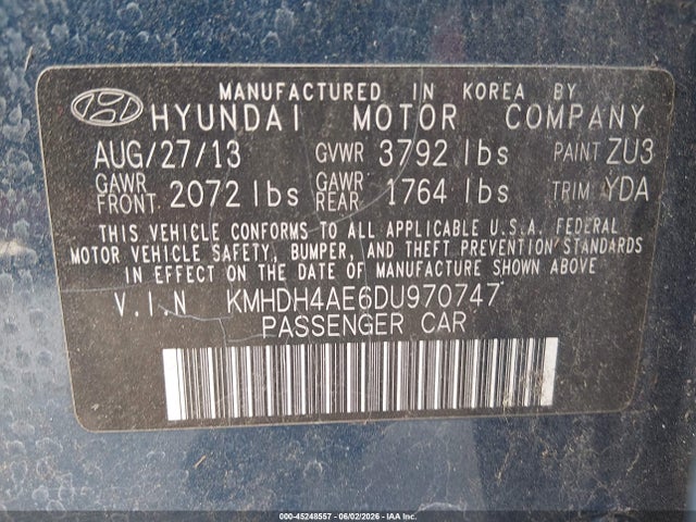 2013 Hyundai Elantra Gls მანქანა იყიდება აუქციონზე, vin: KMHDH4AE6DU970747, აუქციონის ნომერი: 45248557