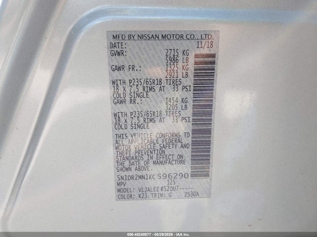 2019 Nissan Pathfinder Sv მანქანა იყიდება აუქციონზე, vin: 5N1DR2MN1KC596290, აუქციონის ნომერი: 45248577