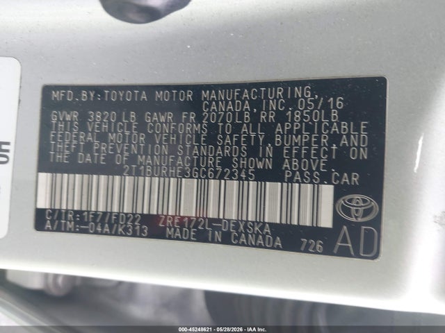 Продаж на аукціоні авто 2016 Toyota Corolla S Plus, vin: 2T1BURHE3GC672345, номер лоту: 45248621