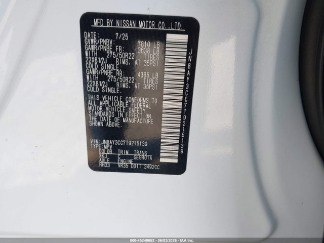 Продажа на аукционе авто 2026 Nissan Armada Platinum Reserve, vin: JN8AY3CC7T9215139, номер лота: 45248652
