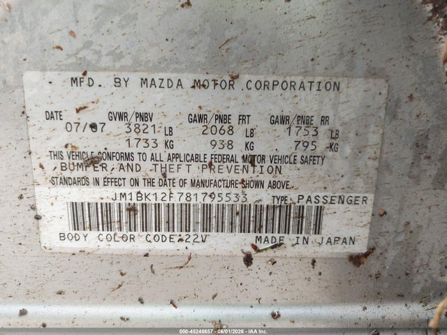 Aukcja sprzedaży 2008 Mazda Mazda3 I, vin: JM1BK12F781795533, numer aukcji: 45248657