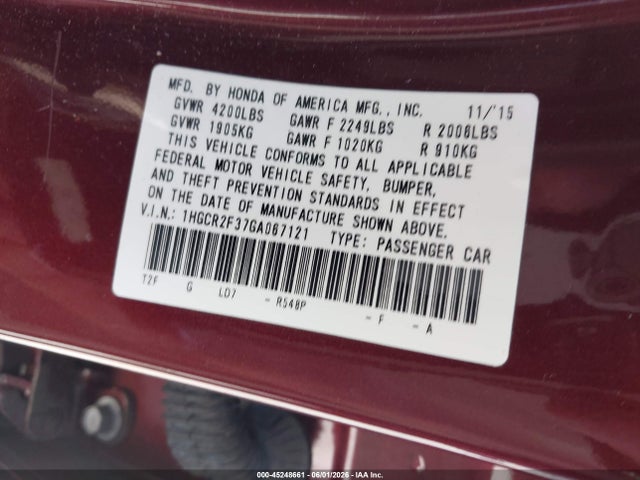 Honda ACCORD LX 2016 1HGCR2F37GA067121 Image 9