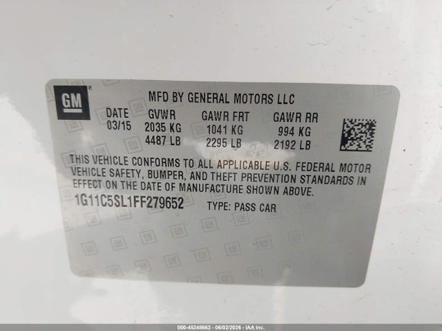 Продаж на аукціоні авто 2015 Chevrolet Malibu 1lt, vin: 1G11C5SL1FF279652, номер лоту: 45248662