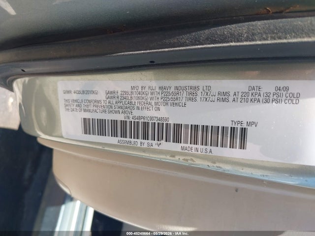 2009 Subaru Outback 2.5i მანქანა იყიდება აუქციონზე, vin: 4S4BP61C997348590, აუქციონის ნომერი: 45248664