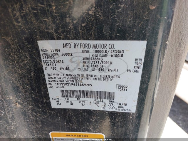 Продаж на аукціоні авто 2005 Ford F-250 Lariat/xl/xlt, vin: 1FTSW21P65EB59789, номер лоту: 45248666