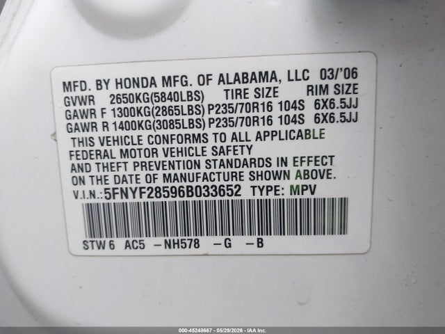 2006 Honda Pilot Ex-l მანქანა იყიდება აუქციონზე, vin: 5FNYF28596B033652, აუქციონის ნომერი: 45248667