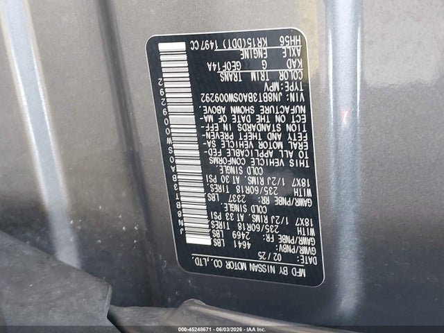 45248671 :رقم المزاد ، JN8BT3BA0SW009292 vin ، 2025 Nissan Rogue Sv Fwd مزاد بيع