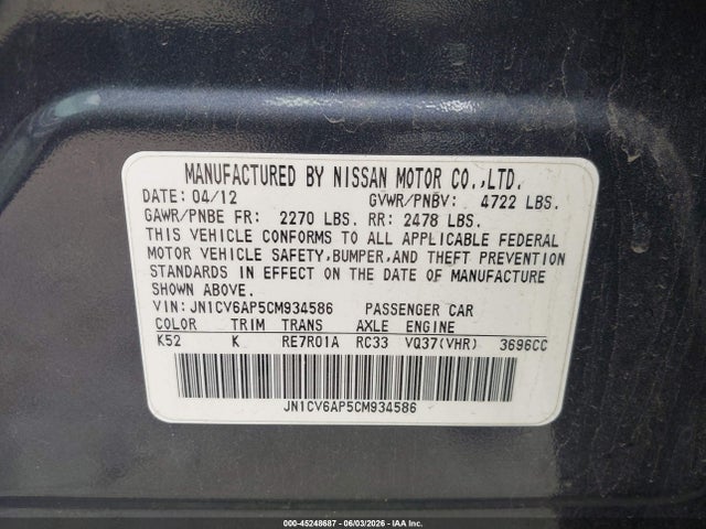 2012 Infiniti G37 Journey მანქანა იყიდება აუქციონზე, vin: JN1CV6AP5CM934586, აუქციონის ნომერი: 45248687