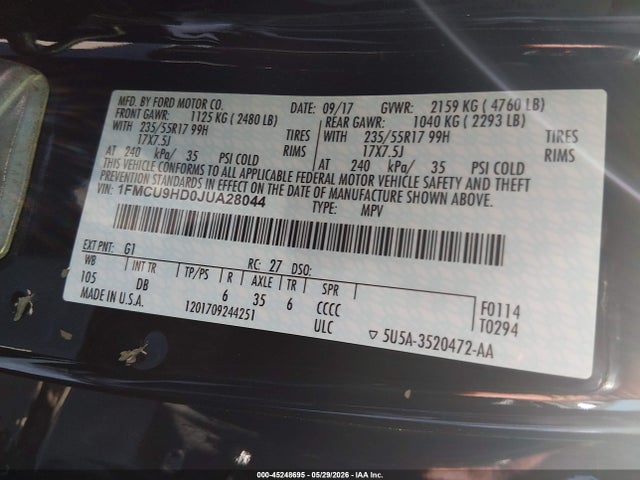 2018 Ford Escape Sel მანქანა იყიდება აუქციონზე, vin: 1FMCU9HD0JUA28044, აუქციონის ნომერი: 45248695