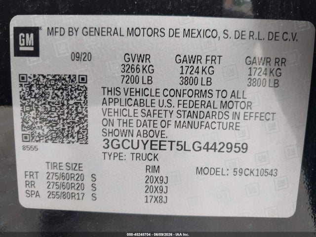 Aukcja sprzedaży 2020 Chevrolet Silverado 1500 4wd  Short Bed Rst, vin: 3GCUYEET5LG442959, numer aukcji: 45248704
