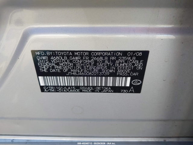 45248712 :رقم المزاد ، JTHBJ46G082213739 vin ، 2008 Lexus Es 350 مزاد بيع
