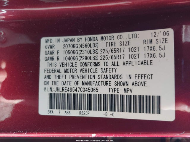 Aukcja sprzedaży 2007 Honda Cr-v Ex, vin: JHLRE48547C045065, numer aukcji: 45248713