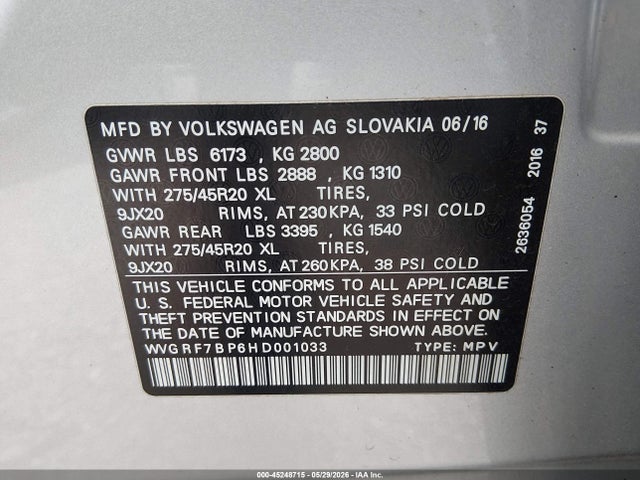 WVGRF7BP6HD001033 Volkswagen Touareg V6 Wolfsburg Edition