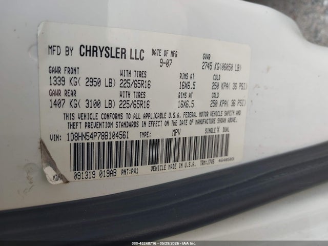 2008 Dodge Grand Caravan Sxt მანქანა იყიდება აუქციონზე, vin: 1D8HN54P78B104561, აუქციონის ნომერი: 45248716