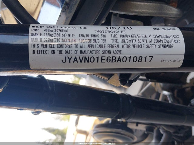 45248720 :رقم المزاد ، JYAVN01E6BA010817 vin ، 2011 Yamaha Xvs950 A/ct مزاد بيع