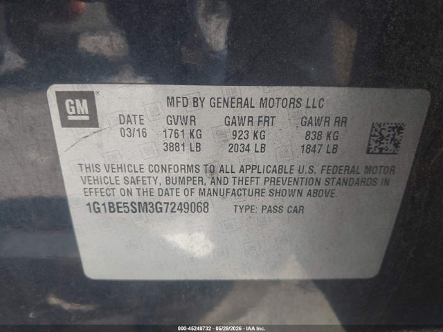 Продаж на аукціоні авто 2016 Chevrolet Cruze Lt Auto, vin: 1G1BE5SM3G7249068, номер лоту: 45248732
