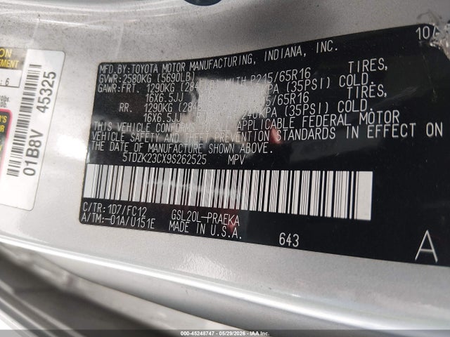 45248747 :رقم المزاد ، 5TDZK23CX9S262525 vin ، 2009 Toyota Sienna Le مزاد بيع