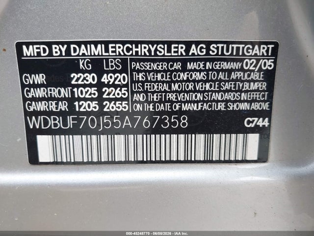 2005 Mercedes-benz E 500 მანქანა იყიდება აუქციონზე, vin: WDBUF70J55A767358, აუქციონის ნომერი: 45248770