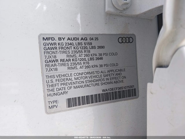 Aukcja sprzedaży 2025 Audi Q3 Premium 45 Tfsi S Line Quattro Tiptronic, vin: WA1DECF36S1075301, numer aukcji: 45248779