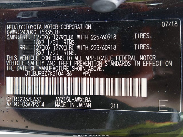 45248787 :رقم المزاد ، JTJBJRBZ7K2104186 vin ، 2019 Lexus Nx 300h مزاد بيع