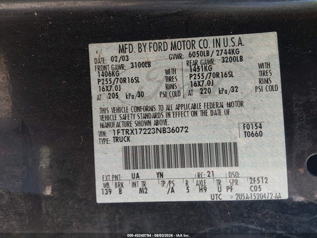 2003 Ford F-150 Xl/xlt მანქანა იყიდება აუქციონზე, vin: 1FTRX17223NB36072, აუქციონის ნომერი: 45248794