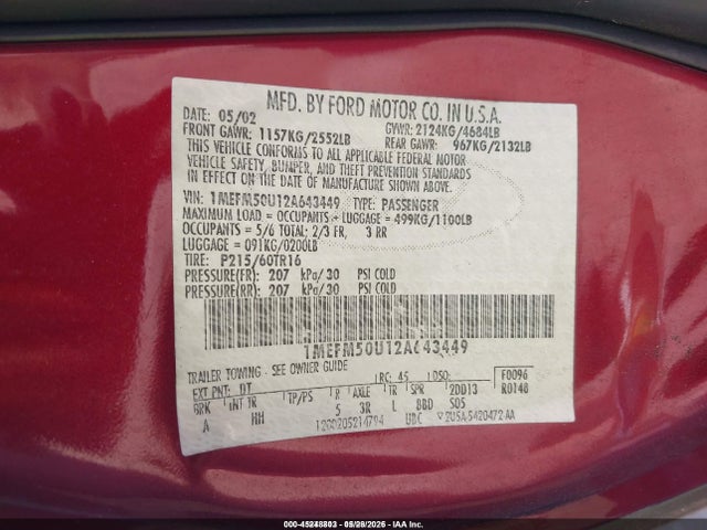 Aukcja sprzedaży 2002 Mercury Sable Gs, vin: 1MEFM50U12A643449, numer aukcji: 45248803