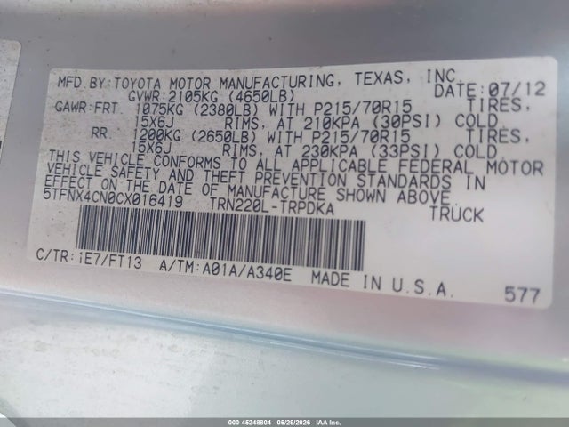 Aukcja sprzedaży 2012 Toyota Tacoma, vin: 5TFNX4CN0CX016419, numer aukcji: 45248804