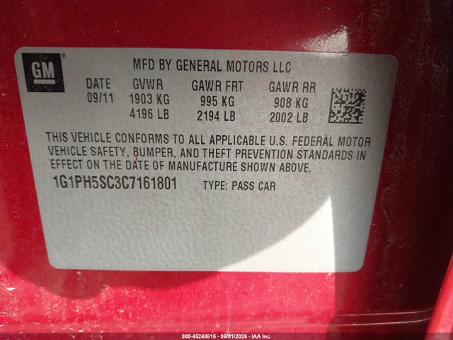 45248815 :رقم المزاد ، 1G1PH5SC3C7161801 vin ، 2012 Chevrolet Cruze Ltz مزاد بيع