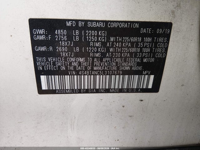 Aukcja sprzedaży 2020 Subaru Outback Limited, vin: 4S4BTANC5L3107679, numer aukcji: 45248830