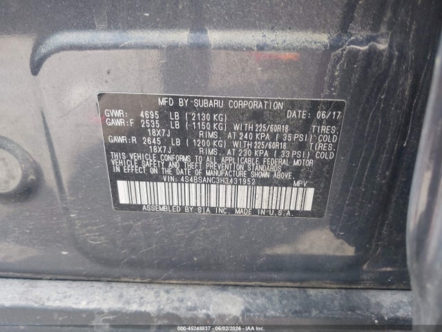 Aukcja sprzedaży 2017 Subaru Outback 2.5i Limited, vin: 4S4BSANC3H3431952, numer aukcji: 45248837