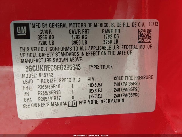 3GCUKREC9EG285643 Chevrolet Silverado 1500 2lt